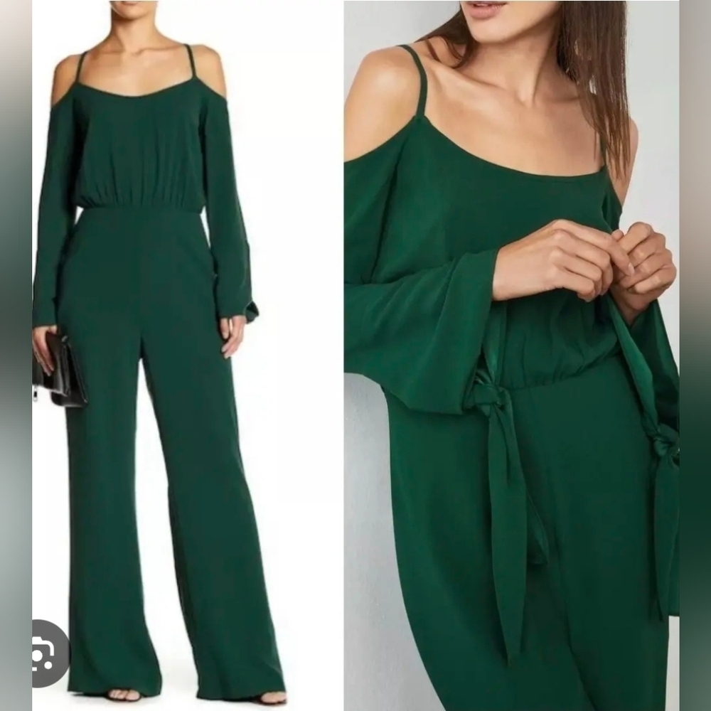 BCBGMaxAzria Forest Green Cold-Shoulder Wide Leg Jumpsuit